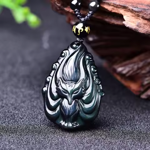 Drop Shipping Natural Rainbow Obsidian Fox Pendant Nine-tailed Fox Crystal Necklace For Men Women Lu