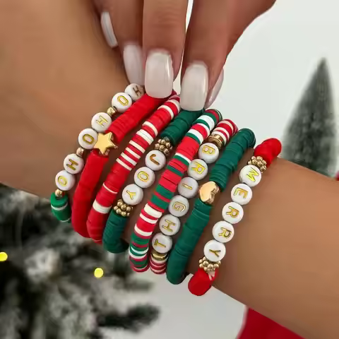 IngeSight.Z 8 Pcs Y2K Christmas Series Polymer Clay Bead Adjustable Bangles Women New Year Elastic S
