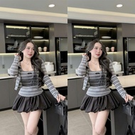 Women's Set 3 Piece 2-Piece Shirt + Striped Jacket with Tag + Hottrend Puffed Skirt