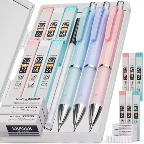 Cute 3PCS Mechanical Pencil Set with Case, 0.7mm HB Lead Refills, Erasers for School Writing Drawing