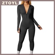 ZTOYL Phụ Nữ Của Yoga Jumpsuit Tập Thể Dục Gân Dài Tay Áo Phía Trước Zip Thể Thao Màu Rắn Bodysuit J