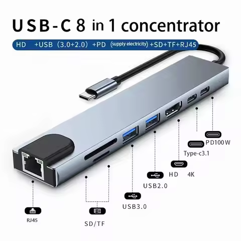 8in1 Type C Hub USB C 8 In 1 USB3.1 To 4K HDMI Adapter with RJ45 SD/TF Card Reader PD Fast Charge Fo