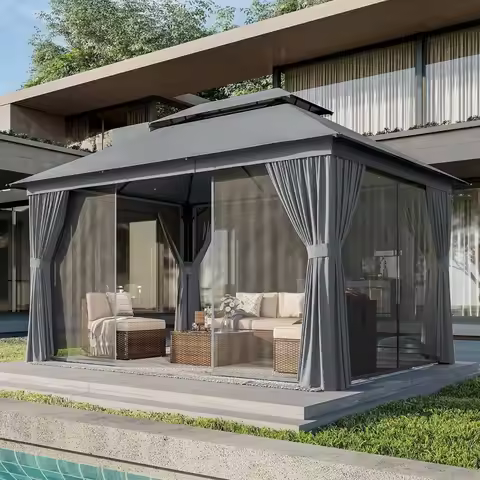 AOXUN Outdoor Gazebo for Patio 10x12, Metal Frame Canopy with Double Roofs, Heavy Duty Party Tent an