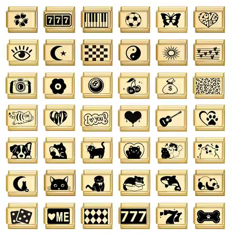 Laser Engraving Black Cute Cats NO.7 Heart Moon Gold Color Italian Charm Links Fit 9mm Stainless Ste