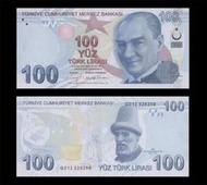 土耳其2022年版100里拉紙鈔１枚。－UNC－