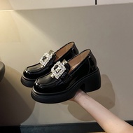 Hidden Heel 10cm Loafers Womens Spring Rhinestone Square Buckle Small Platform Shoes Platform Leathe