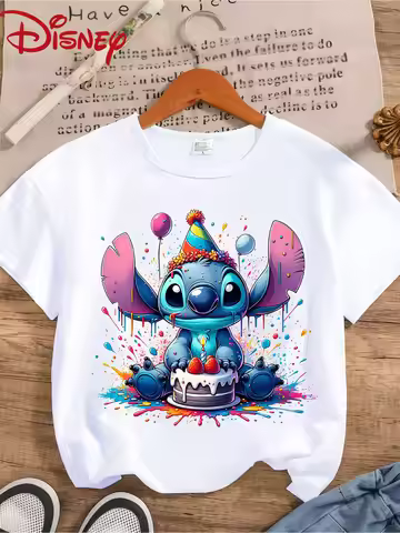 Disney Stitch Birthday Scene Print Women Crew Neck Short Sleeve T Shirt Casual Daily Wear
