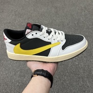 Travis Scott x Low-Top White, Black, Yellow, AJ1 Basketball Shoes with Inverted Hook, Tennis Shoes