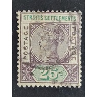 Straits Settlements 1892-99 Queen Victoria Wmk Crown CA 25c - 1pc Used Old Malaya Stamp / Setem
