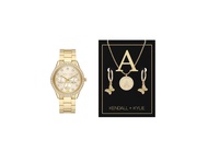 Kendall + Kylie Analog Shiny Gold Tone Metal Watch With Alphabet A Embossed Coin Pendant Necklace An