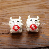 [1 Piece] Lucky Ox (Buffalo) Charm 999 Sterling Silver 10.6x9x7mm, Twelve Zodiac Animals, Making Bra