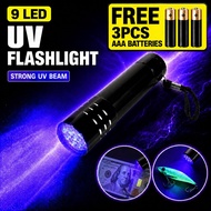 9 LED UV Flashlight LIGHT Lampu Suluh UV Money Detector Check Duit Glow Fishing Lure UV Torch + FREE