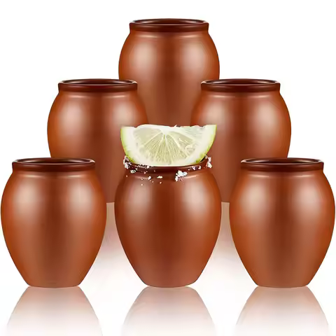 Mini Clay Tequila Shot Glasses Cantaritos de Barro Mexicanos for Tequila,Margaritas,Mojitos Natural 