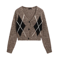 ZARAˉ Spring New Womens Fashion Cotton Diamond Knit Sweater V Collar Long Sleeve Cardigan Short Coat