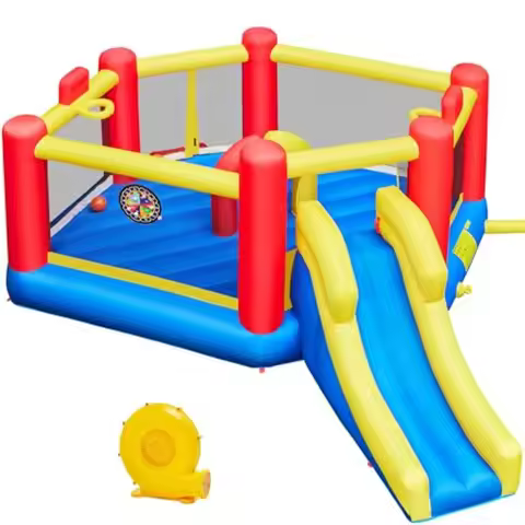Inflatable Bounce House, 7-in-1 Oversize Bouncing Area w/Obstacle Arch & Slide & Basketball Game & D