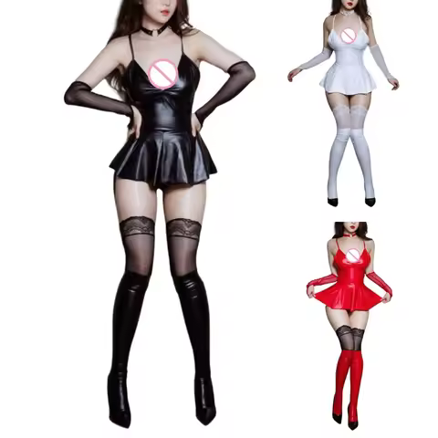 PU Leather Lingerie Women Halter Pleated Mini Dress Nightdress Club Costumes Q1JD