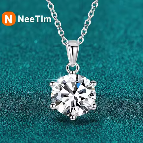 NeeTim 1ct 2ct 4ct Moissanite Necklace For Women 925 Sterling Silver Lab Diamond with Gold Plated Pe