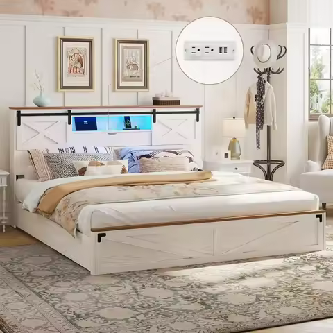 Bed Frame King Size with LED Lights and Charging Station, Wooden King Bed with 2 Storage Drawers, Ru