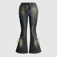 Y2K Baddie Hollow Eyelet Lace-Up Decor Plus Size Skinny Flare Jeans