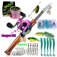 Sougayilang COD Joran Dan Reel Set 1.6m Gagang Kayu Casting Mini Telescopic Portable Tongkat Pancing