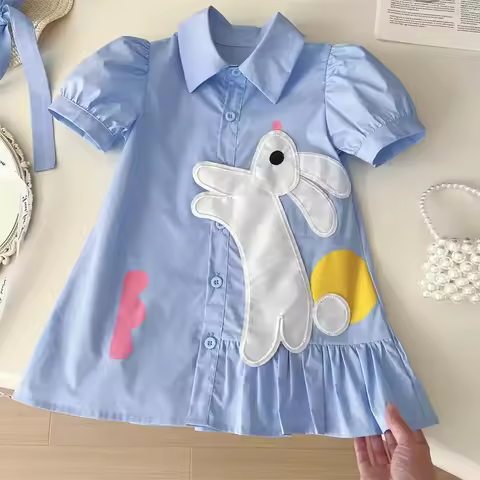 Children Girls Cute Cartoon Dress Bunny Short Sleeve Shirt Dress Little Baby Girls Cute Cartoon Bunn