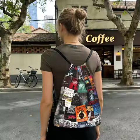 Stephen King Book Covers, Horror Bookworm Backpacks Fashion Drawstring Bags Sundries Bag Book Bags f