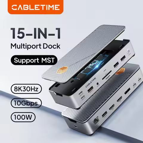 CABLETIME USB C Docking Station Type C Dock Multi HUB PD100W HDMI DP Display SSD Enclosure RJ45 SD/T