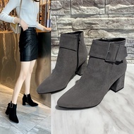 AG1 Women's Ankle Boots Solid Color Pointed Toe Thick Heel Buckle Short Boots