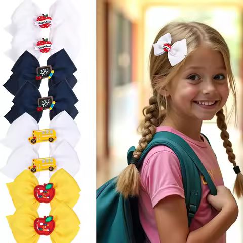 2Pcs Back To School Bow Hair Clips Cute Cartoon Apple School Bus ABC Barrettes Kids Girls Side Bangs