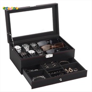 Watch Box, Mens Jewelry Box with 6 Slot Watch Case & 3 Slot Sunglasses Organizer, 2 Layers Lockable 