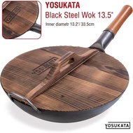 YOSUKATA Cast Iron Wok Cover - Premium Wok Lid 34 cm - Wooden Pan Lid 34 cm with Ergonomic Handle - 