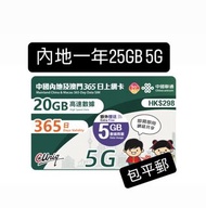 中國聯通內地及澳門年卡 一年25Gb 高速5G 內地上網卡 電話卡 simcard 數據卡
