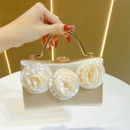  3D Floral Satin Handbag Sling| Elegant Wedding Guest Tote for Party, Vintage Metal Frame Clutch Bag