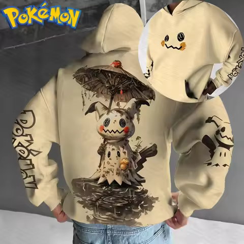 Pokemon Anime Cotton Hoodie Harajuku Pants Set Beige Character Print with Umbrella Water Surface Pat