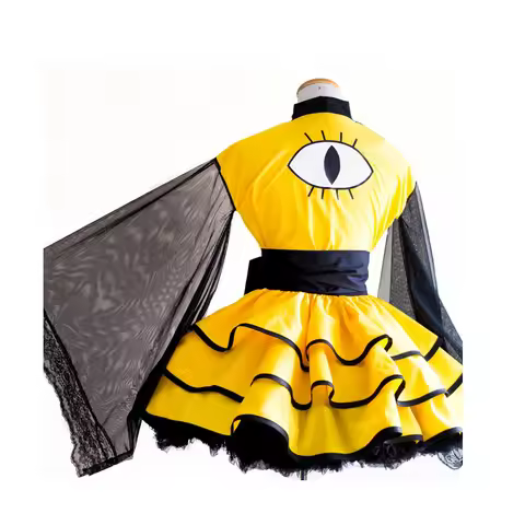Bill Cipher Cosplay Costume Women Yellow Puffy Skirt Kimono Eye Printed Fancy Japanese Kimono Dress