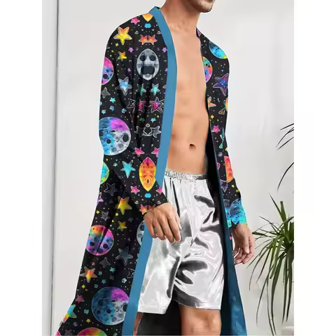 Men's long robe with digital printed planet pattern, fun sleeping robe for leisure and entertainment