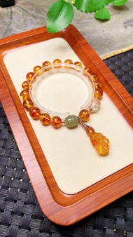 原創手工客製天然花珀手鏈 色澤油潤  配天然和田玉桶珠
