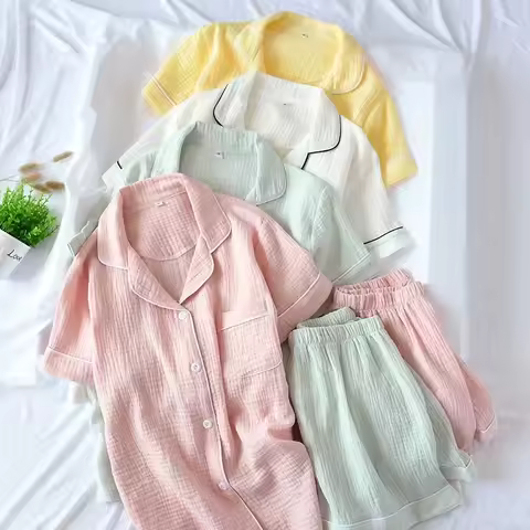 Women's Summer Cotton Plain Multi Colors Short-Sleeved Shorts Pajamas Home Suit White Pink Yellow Gr