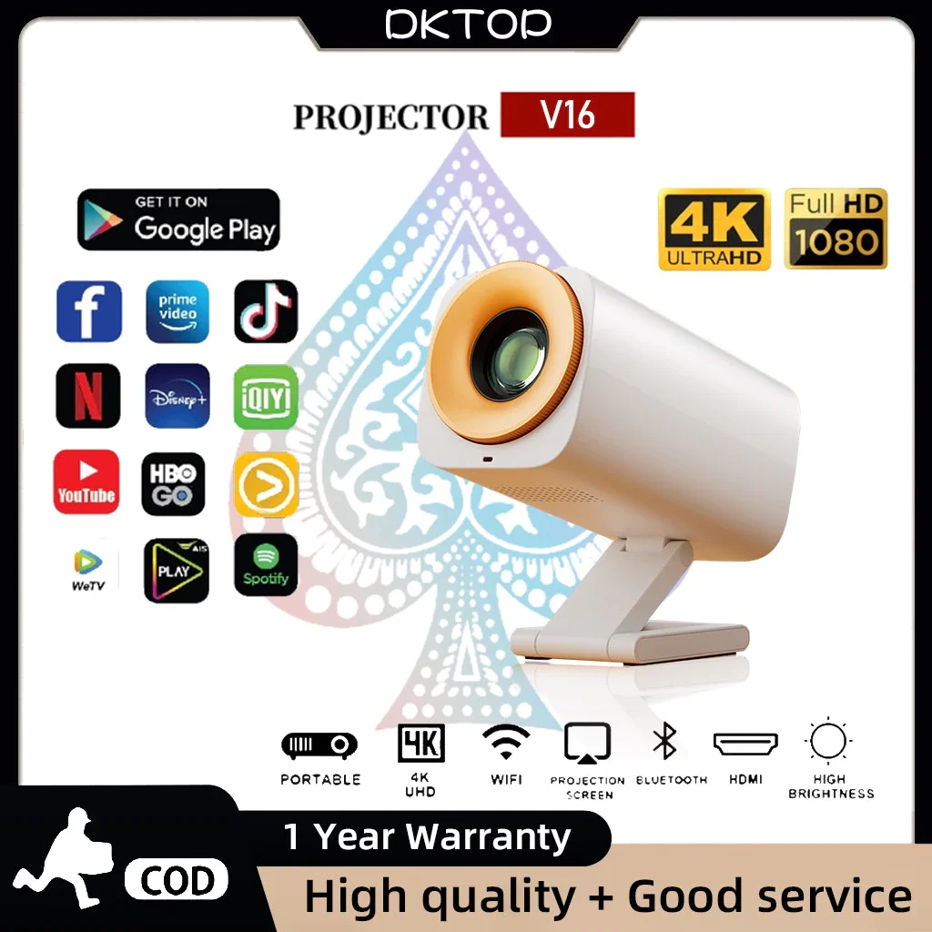 V16 Portable Projector 4K HD 300ANSI Android 12 Short Throw Dual Wifi 6 BT5.0 Built-in Speaker