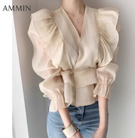 AMMIN เสื้อเชิ้ตผ้าชีฟองแขนยาวสำหรับผู้หญิงเสื้อชีฟองคอวีแขนสั้นพองพองพองแบบเย็บมีเอกลักษณ์