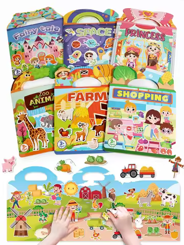 Reusable Sticker Books for Kids, 6 Sets Travel Removable Toddler Sticker Books for 3 4 5 Year Old Gi