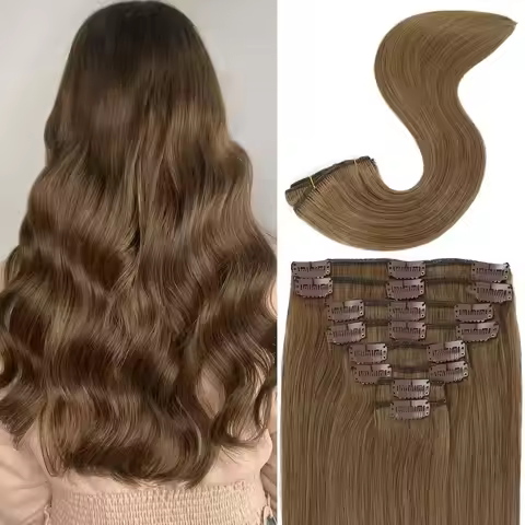 Straight Clip In Hair Extensions 100% Real Human Hair Color #8 Ash Brown Clip In Human Hair Extensio