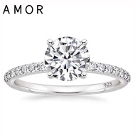 AMOR 925 Sterling Silver 1.25 CT Round Solitaire Cubic Zirconia Engagement Ring Halo Promise Ring Si