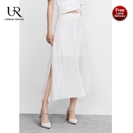 URBAN REVIVO Women Ladies Midi skirt Split Thin A-line Chiffon Elastic High Waist Fairy Casual Flowy white beach Skirt