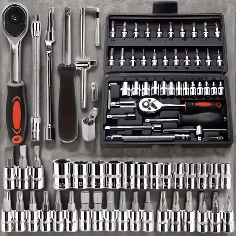 46Pcs Automotive Tool Set, Carbon Steel Ratchet Wrench & Socket Tool Chest, Sturdy Metal Home Tool K
