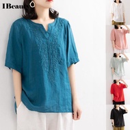 Hug Me Bear Shop  Summer Solid Color Linen  Embroidery Blouse Women Plus Size