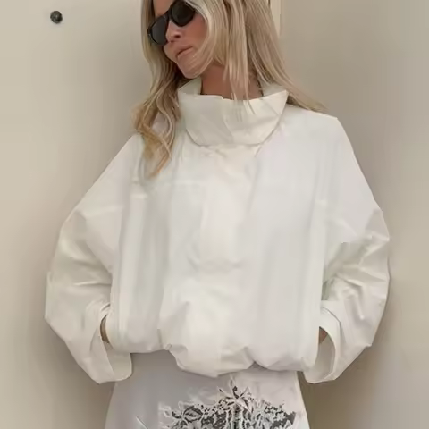 FL New Winter Outdoor Anorak Jacket Windbreaker with Drawstring Hood Stand Collar Loose Fit Water Re