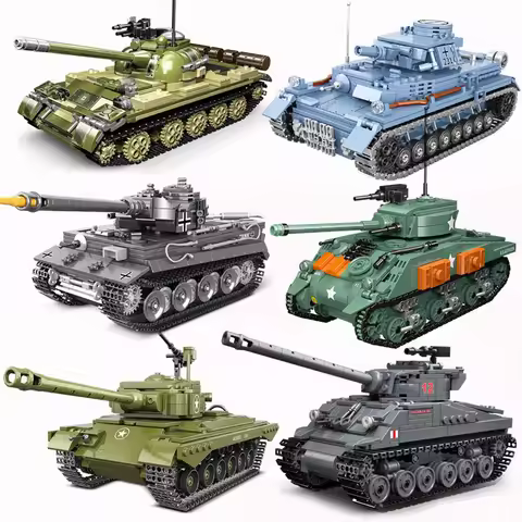 6 Types 1:35 ww2 Military Tank Building Blocks Army Sherman M4 Firefly T54 Soldier Figures Bricks To