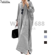 【Ready Stock 】Women Fashion Casual Stripe Printed Button Down Split Hem Maxi Shirt Dress