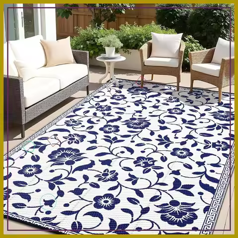 Waterproof Outdoor Rug 9x12 ft, Plastic Straw Reversible Mat for Patio, Camping, Deck, Backyard, Nav